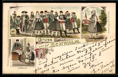 Lithographie Schwalm, hessische Trachten, Beim Tanz, Kirchgang und am Spinnrad