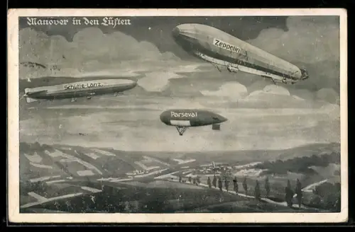 AK Luftschiffe Zeppelin, Schütte-Lanz und Parseval bei einem Manöver