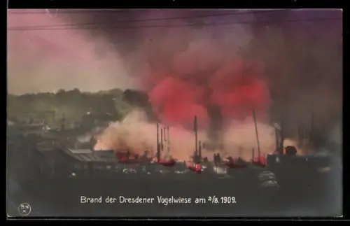 AK Dresden, Brand auf der Vogelwiese im August 1909
