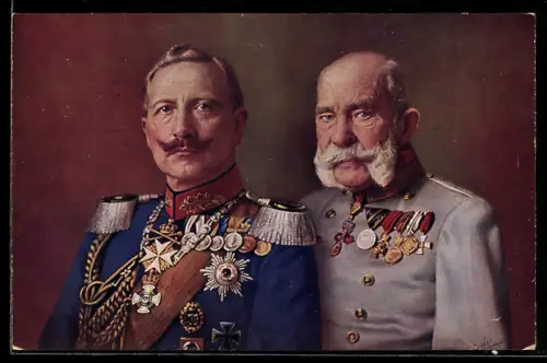 AK Zweibund, Portrait Kaiser Franz Josef I. von Österreich und Kaiser Wilhelm II. in Parade-Uniform mit vielen Orden