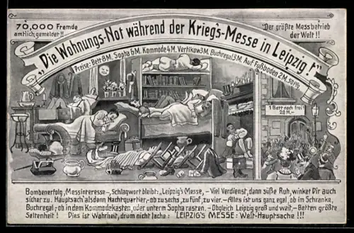 AK Leipzig, Karikatur der Wohnungs-Not während der Kriegsmesse, Menschen schlafen auf Bücherregalen