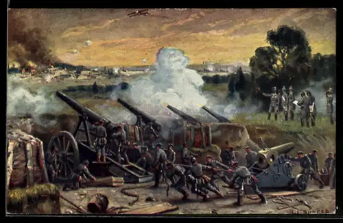 Künstler-AK W. Bürger: Longwy, Soldaten an schweren Geschützen, Eroberung 1914 durch die Armee des Deutschen Kronprinzen