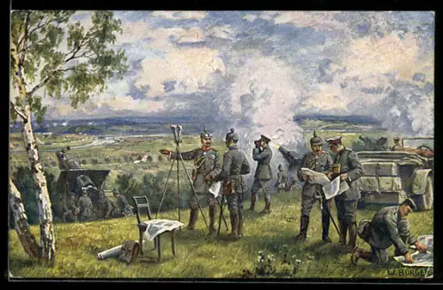 Künstler-AK W. Bürger: Jaroslau, Der Kaiser, Soldaten, Kanone