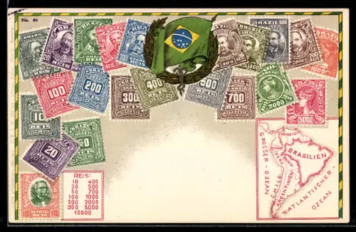 AK Briefmarken, Kranz mit brasilianischer Flagge