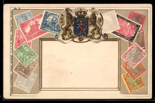Künstler-AK Deutsches Reich, Briefmarken und Wappen