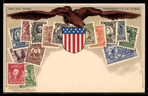 AK Amerikanische Briefmarken, Wappen, Adler