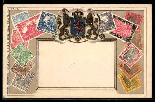 AK Hessisches Wappen mit verschiedenen Briefmarken
