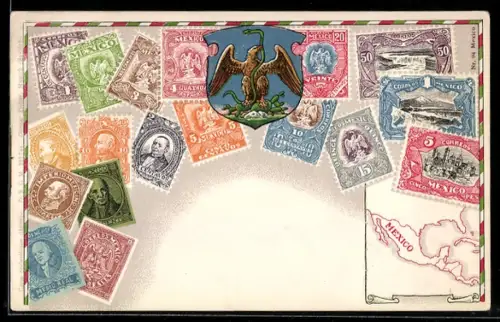 AK Mexico, Landkarte, Briefmarken und Wappen