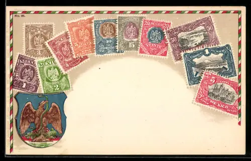 Lithographie Mexiko, Briefmarken und Wappen