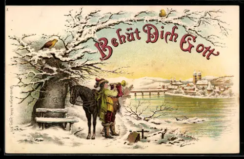 Winter-Lithographie Behüt Dich Gott!, Trompeter von Säckingen mit Pferd am Wasser