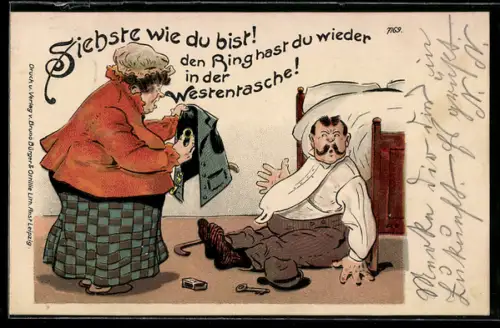 Künstler-AK Bruno Bürger & Ottillie Nr. 7169: Ehefrau empfängt ihren Mann nach seiner Zechtour