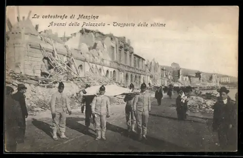 AK Messina, La catastrofe, avanzi della Palazzata, trasporto delle vitime, Erdbeben