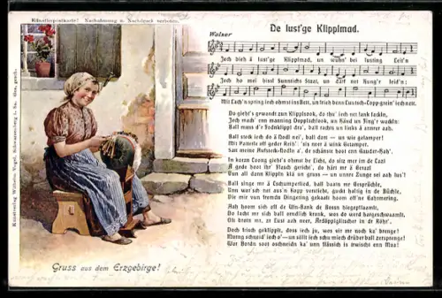 AK De lust`ge Klipplmad, Klöpplerin, Lied aus dem Erzgebirge