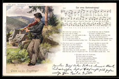 AK Lied Dar arma Barkmahsgung! in Text- und Notenzeilen, Wandersmann mit Geige am Rande des Erzgebirges
