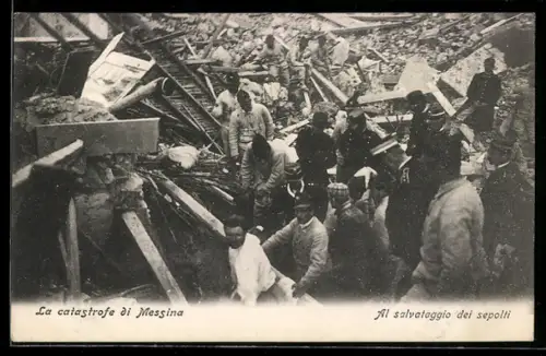AK Messina, Al salvataggio dei sepolti, Trümmer nach einem Erdbeben