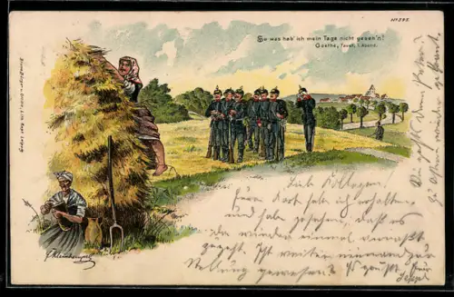 Künstler-AK Erich Kleinhempel: Bruno Bürger & Ottillie Nr. 595: Soldaten beobachten Bäuerin am Heuhaufen