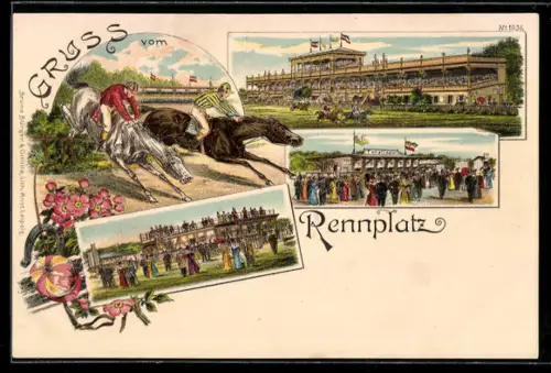 Lithographie Gruss vom Rennplatz, Reiter beim Hürdensprung, Gebäudeansichten