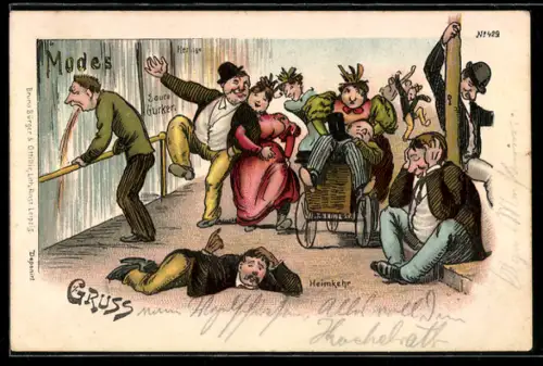 Lithographie Fahrgäste nach Schifffahrt, Toilettenhumor