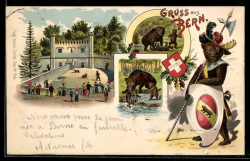 Lithographie Bern, Bärenzwinger, Berner Bär mit Hellebarde und Schild, vermenschlichte Tiere