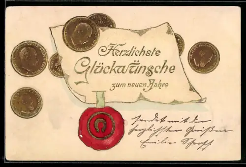Lithographie Goldene Münzen, Neujahrsgruss