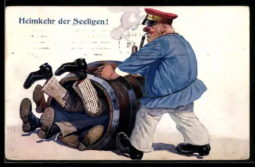 AK Heimkehr der Seligen, Wachmann rollt Männer im Fass