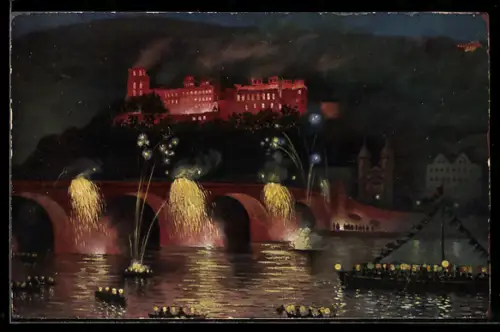 AK Heidelberg, Schlossbeleuchtung, Alte Brücke, Feuerwerk