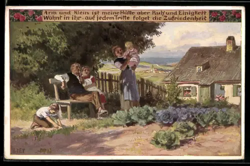 Künstler-AK P. Hey, Volksliederkarte Nr. 91: Arm und Klein ist meine Hütte, Mutter mit Eltern und Kindern