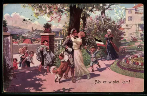 Künstler-AK Arthur Thiele: Als er wieder kam!, Soldatenliebe