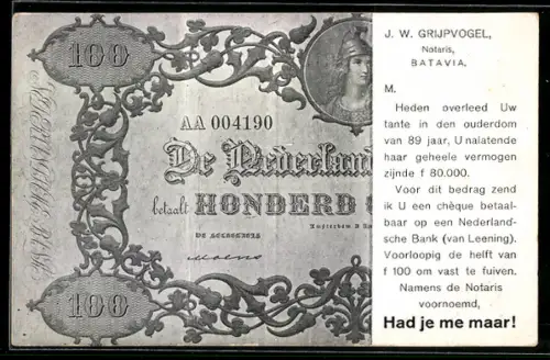 AK Holländischer Geldschein 100 Gulden