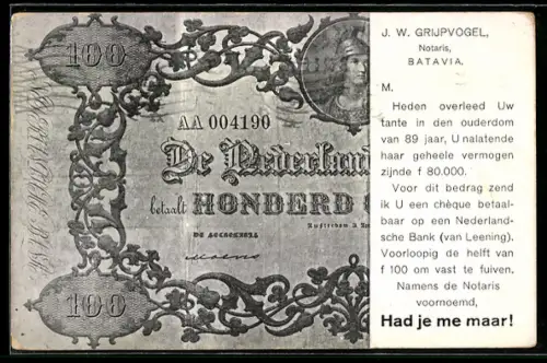 AK Had je me maar!, De Nederlandsche Bank betaalt 100 Gulden..., J. W. Grijpvogel, Notaris