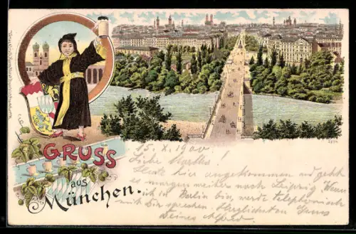 Lithographie München, Totalansicht, Münchner Kindl mit Wappen und Bier