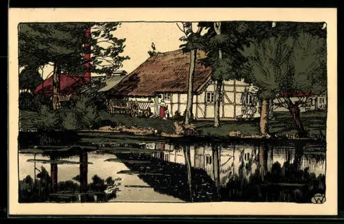 Steindruck-AK Lüneburger Heide, Dorfidyll