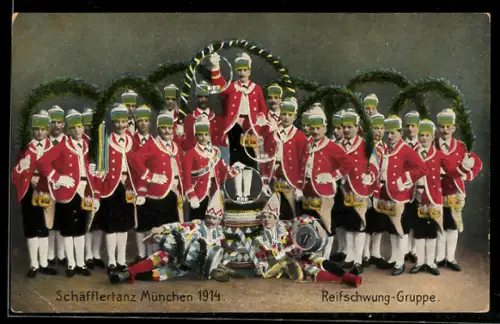 AK München, Reifschwung-Gruppe beim Schäfflertanz