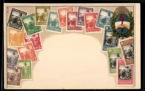 AK argentinische Briefmarken, Kranz mit Handschlagsbild darin, rote Zipfelmütze