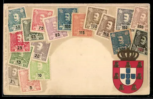 AK Portugal, verschiedene Briefmarken, Wappen