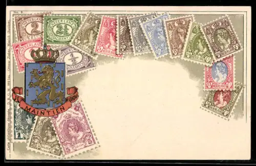 AK Briefmarken der Niederlande und Wappen