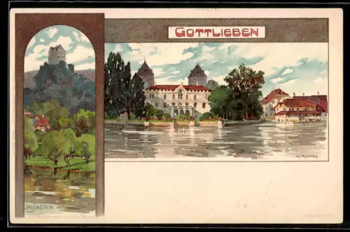Lithographie Gottlieben, Teilansicht vom Wasser aus, Salenstein