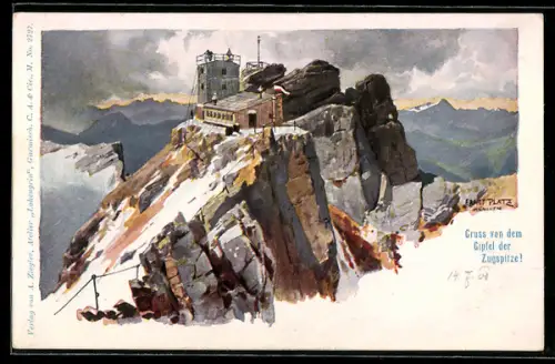 Künstler-AK Ernst Platz: Münchner Haus auf der Zugspitze, Berghütte