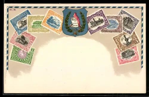 AK Guatemala, Briefmarken aus Guatemala mit Wappen