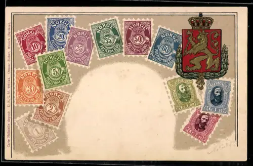 AK Norwegen, Briefmarken und Wappen