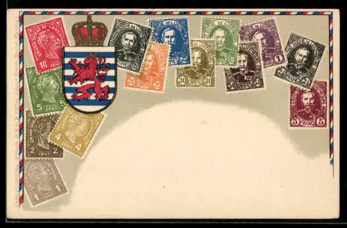AK Luxemburg, Briefmarken und Wappen mit Krone