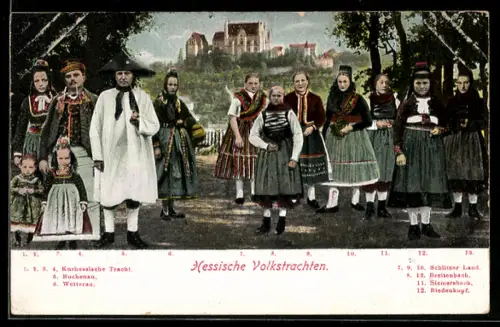 AK Männer und Frauen in Hessischen Volkstrachten