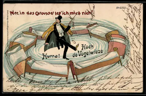 Künstler-AK Bruno Bürger & Ottillie Nr. 6503: Eleganter Herr im Anzug mit Zylinder im Karussell sich drehender Betten