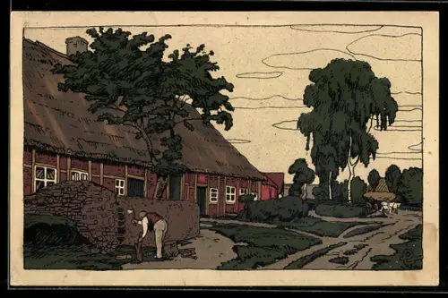 Steindruck-AK Dorfkathe in der Lüneburger Heide