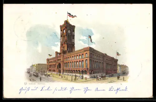 Lithographie Berlin, Rathaus mit Strassenbahn