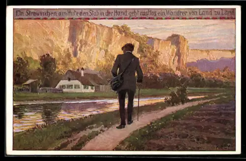 Künstler-AK P. Hey, Volksliederkarte Nr. 52: Ein Sträusschen am Hute, Wanderer auf einem Feldweg