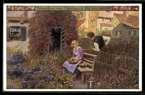 Künstler-AK P. Hey, Volksliederkarte Nr. 49: Ännchen von Tharau ist die mir gefällt, Mann redet über Zaun mit Frau