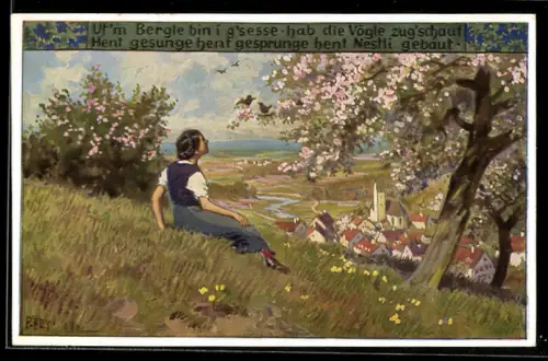 Künstler-AK P. Hey, Volksliederkarte Nr.74: Uf`m Bergle bin i g`sesse, hab die Vögle zug`schaut....