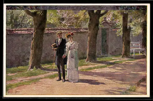 Künstler-AK Paul Hey: Volksliederkarte Nr. 54: Als der Grossvater die Grossmutter nahm, Liebespaar