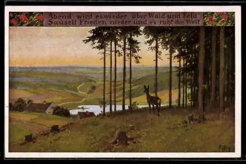 Künstler-AK P. Hey, Volksliederkarte Nr. 65: Abend wird es wieder, Reh auf einer Waldlichtung